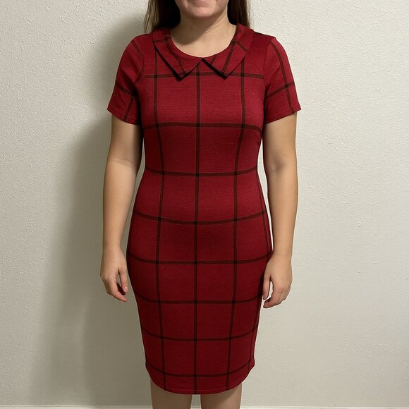 Piphany Women Small Red Black Plaid Peter Pan Collar Short Sleeve Sheath Dress - Picture 1 of 7